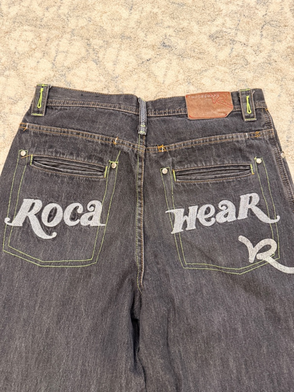 Rocawear Y2K Black Jeans with Neon Green Stitching & White Back Logo